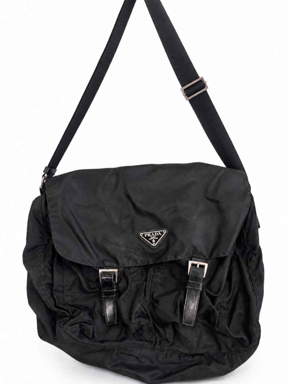 Authentic Prada Tessuto Nylon Messenger Bag Black Crossbody Shoulder Bag Italy